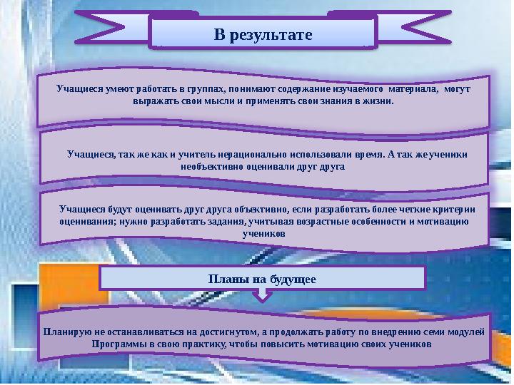В результате Учащиеся умеют работать в группах, понимают содержание изучаемого материала, могут выражать свои мысли и примен