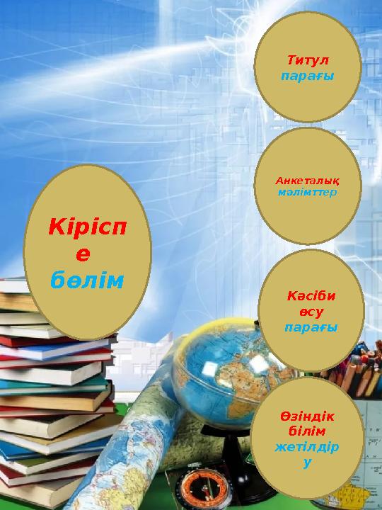Кірісп е бөлім Титул парағы Анкеталық мәлімттер Кәсіби өсу парағы Өзіндік білім жетілдір у