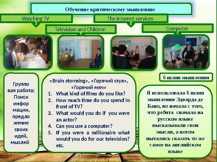 Обучение критическому мышлению 6 шляп мышления «Brain storming», «Горячий стул», «Горячий мяч» 1.What kind of films do you