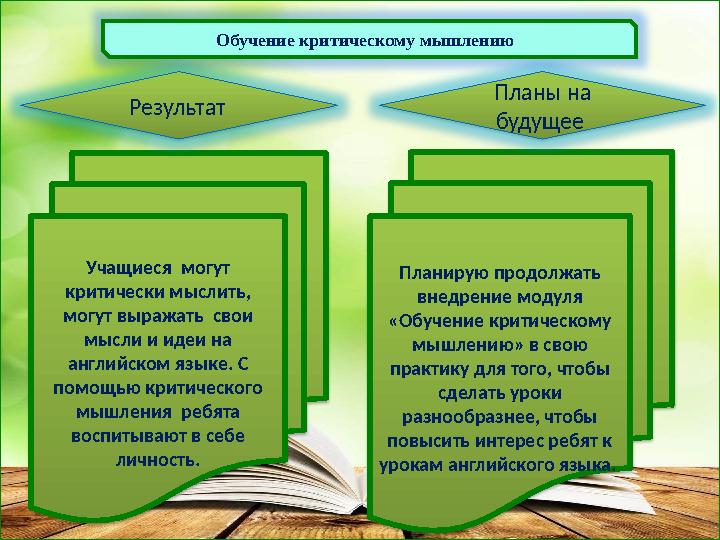 Учащиеся могут критически мыслить, могут выражать свои мысли и идеи на английском языке. С помощью критического мышлени