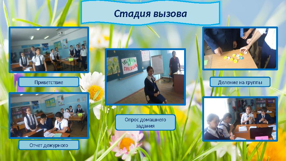 Стадия вызова Приветствие Отчет дежурного Деление на группы Опрос домашнего задания
