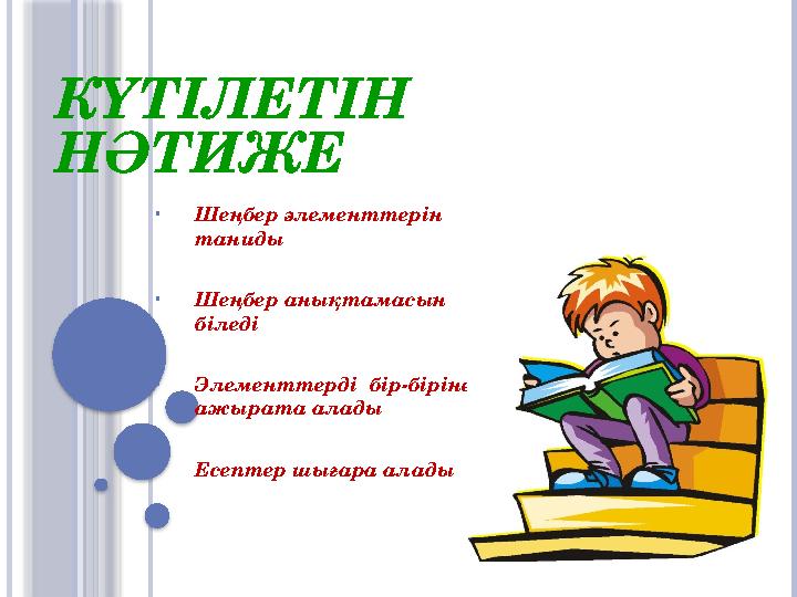КҮТІЛЕТІН НӘТИЖЕ •Шеңбер элементтерін таниды •Шеңбер анықтамасын біледі •Элементтерді бір-бірінен ажырата