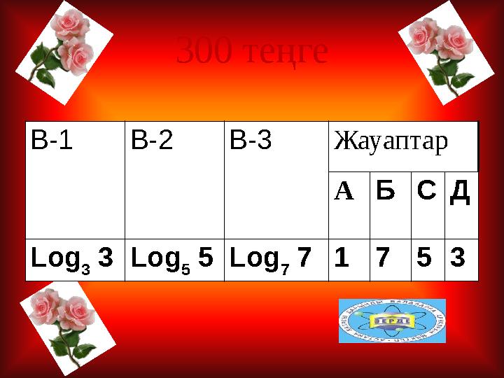 300 теңге В-1 В-2 В-3 Жауаптар АБСД Log 3 3Log 5 5Log 7 71753 А. 1