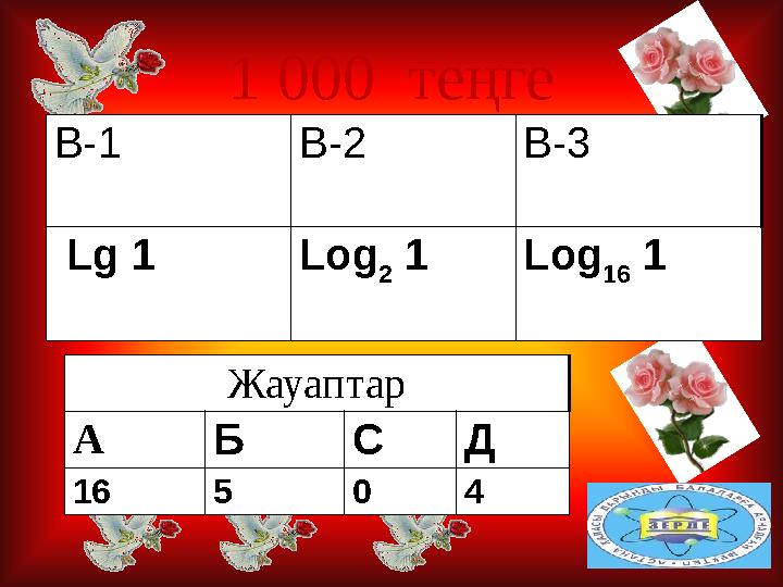 1 000 теңге В-1 В-2 В-3 Lg 1 Log 2 1 Log 16 1 Жауаптар А Б С Д 16 5 0 4
