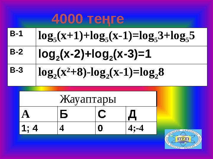 Жауаптары А Б С Д 1; 4 4 0 4;-4 4000 теңге В-1 log 5 (x+1)+log 5 (x-1)=log 5 3+log 5 5 В-2 log 2 (x-2)+log 2 (x-3)=1 В-3 log