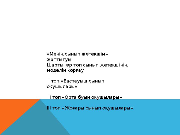 «Менің сынып жетекшім» жаттығуы Шарты: әр топ сынып жетекшінің моделін қорғау І топ «Бастауыш сынып оқушылары» ІІ топ «Ор