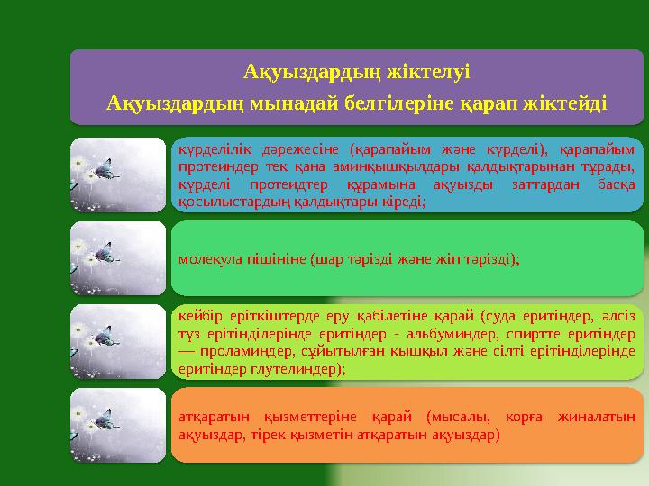 Ақуыздардың жіктелуі Ақуыздардың мынадай белгілеріне қарап жіктейді күрделілік дәрежесіне (қарапайым және күрделі), қарапайым