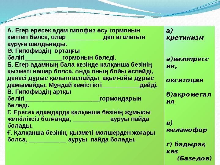 А. Егер ересек адам гипофиз өсу гормонын көптеп бөлсе, олар___________деп аталатын ауруға шалдығады. Ә. Гипофиздің ортаңғы