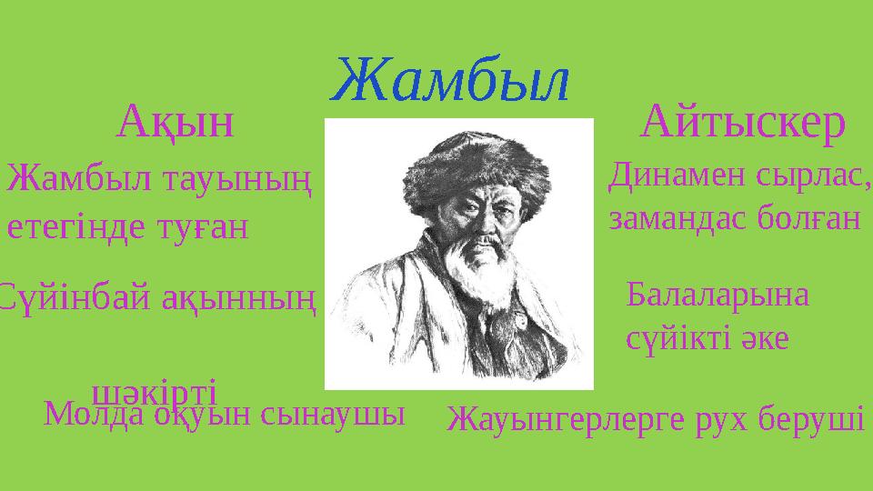 Жамбыл Ақын Айтыскер Жамбыл тауының етегінде туған Динамен сырлас, замандас болған Сүйінбай ақынның шәкірт