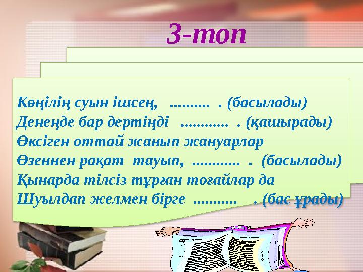 3-топ Көңілің суын ішсең, .......... . (басылады) Денеңде бар дертіңді ............ . (қашырады) Өксіген оттай жанып жану
