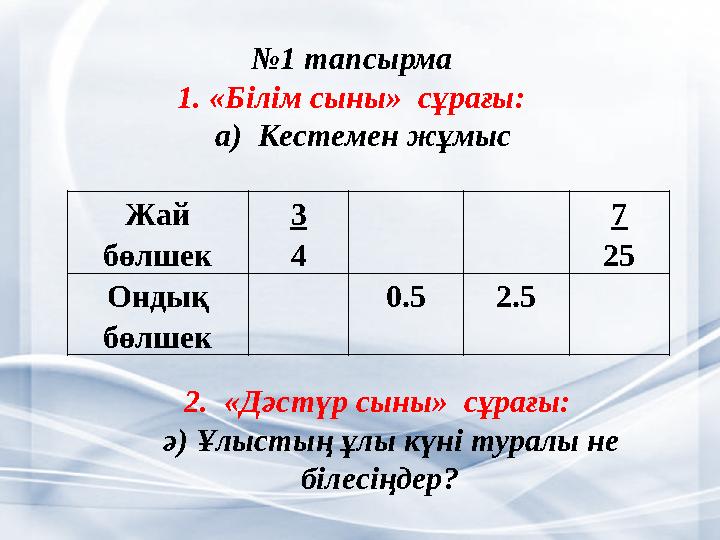 Жай бөлшек 3 4 7 25 Ондық бөлшек 0.52.5 №1 тапсырма 1. «Білім сыны» сұрағы: а) Кестемен жұмыс 2. «Дәстүр сыны» сұра