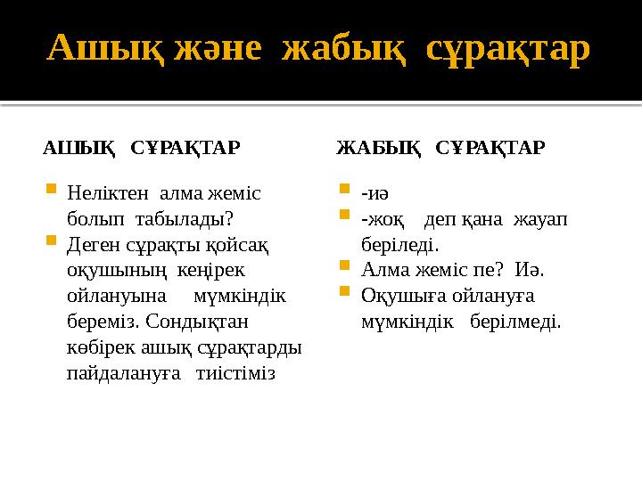 Ашық және жабық сұрақтар АШЫҚ СҰРАҚТАР Неліктен алма жеміс болып табылады? Деген сұрақты қойсақ оқушының кеңірек