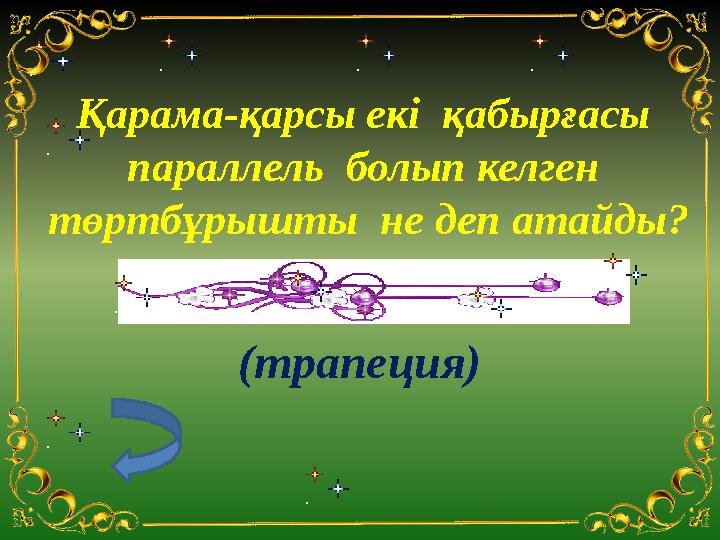 Қарама-қарсы екі қабырғасы параллель болып келген төртбұрышты не деп атайды? (трапеция)