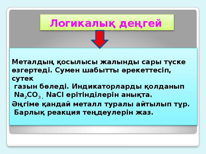 Логикалық деңгей Металдың қосылысы жалынды сары түске өзгертеді. Сумен шабытты әрекеттесіп, сутек газын бөледі. Индика