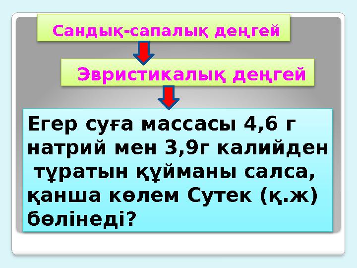Сандық-сапалық деңгей Егер суға массасы 4,6 г натрий мен 3,9г калийден тұратын құйманы салса, қанша көлем Сутек (қ.ж)