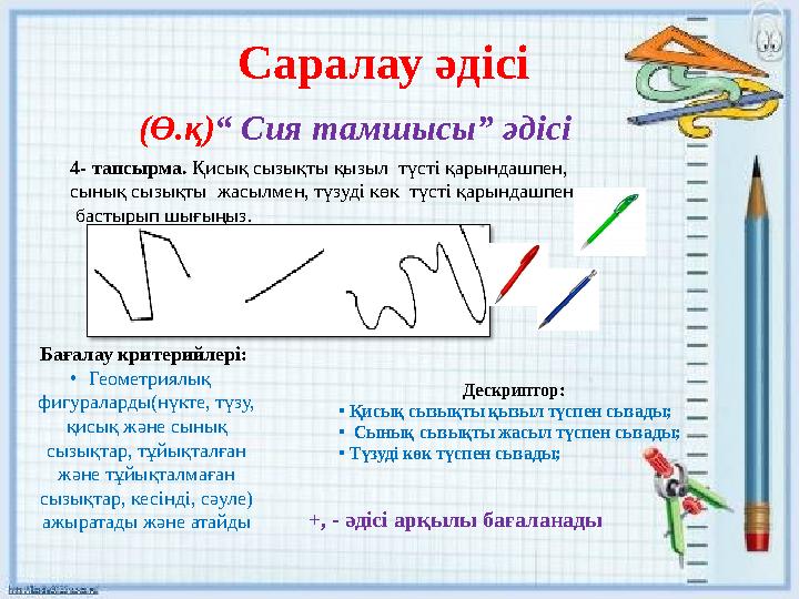 Саралау әдісі (Ө.қ)“ Сия тамшысы” әдісі 4- тапсырма. Қисық сызықты қызыл түсті қарындашпен, сынық сызықты жасылмен,