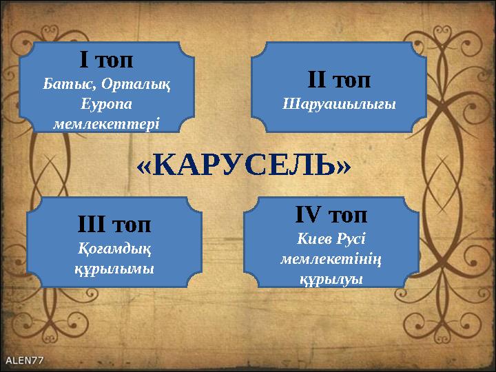 «КАРУСЕЛЬ»І топ Батыс, Орталық Еуропа мемлекеттері ІІ топ Шаруашылығы ІІІ топ Қоғамдық құрылымы І V топ Киев Русі мемлекеті