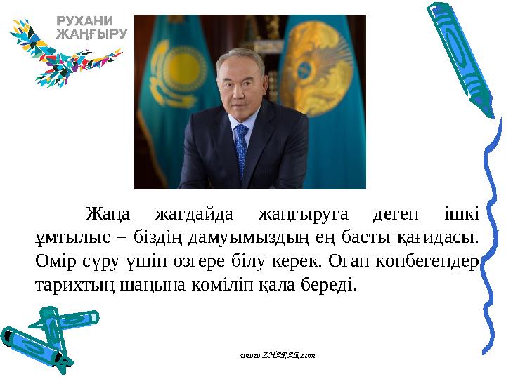 www.ZHARAR.com Жаңа жағдайда жаңғыруға деген ішкі ұмтылыс – біздің дамуымыздың ең басты қағидасы. Өмір сүру үшін өзгере білу к