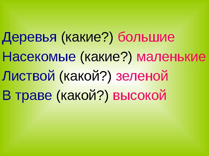Деревья (какие?) большие Насекомые (какие?) маленькие Листвой (какой?) зеленой В траве (какой?) высокой