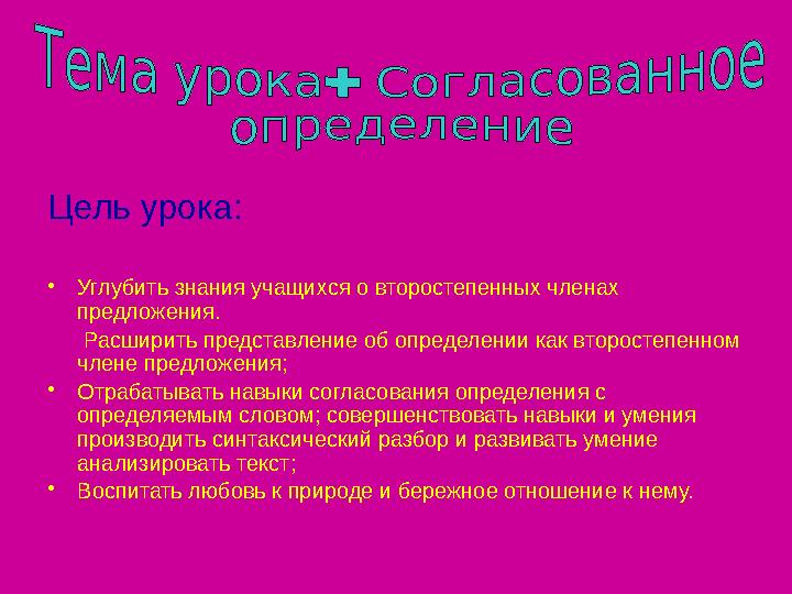 Цель урока: •Углубить знания учащихся о второстепенных членах предложения. Расширить представление об определении как вт