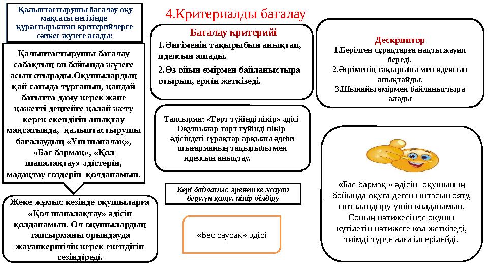 1.Әңгіменің тақырыбын анықтап, идеясын ашады. 2.Өз ойын өмірмен байланыстыра отырып, еркін жеткізеді. 4.Критериалды бағалау Ба