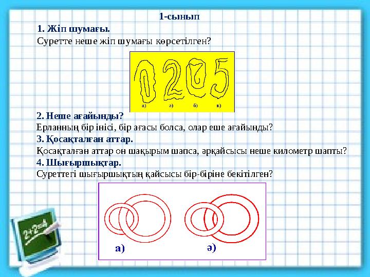 1-сынып 1. Жіп шумағы. Суретте неше жіп шумағы көрсетілген? 2. Неше ағайынды? Ерланның бір інісі, бір ағасы болса, олар еше ағай