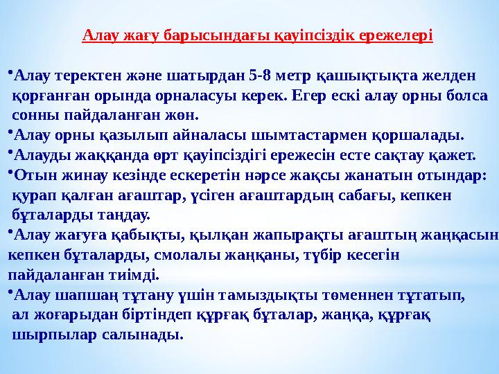 Алау жағу барысындағы қауіпсіздік ережелері •Алау теректен және шатырдан 5-8 метр қашықтықта желден қорғанған орында орналасуы