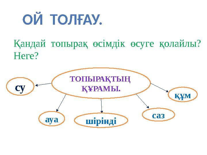 ОЙ ТОЛҒАУ. ТОПЫРАҚТЫҢ ҚҰРАМЫ.су ауа шірінді саз құм Қандай топырақ өсімдік өсуге қолайлы? Неге?