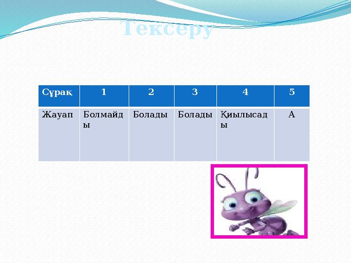 Сұрақ 1 2 3 4 5 Жауап Болмайд ы Болады Болады Қиылысад ы А Тексеру