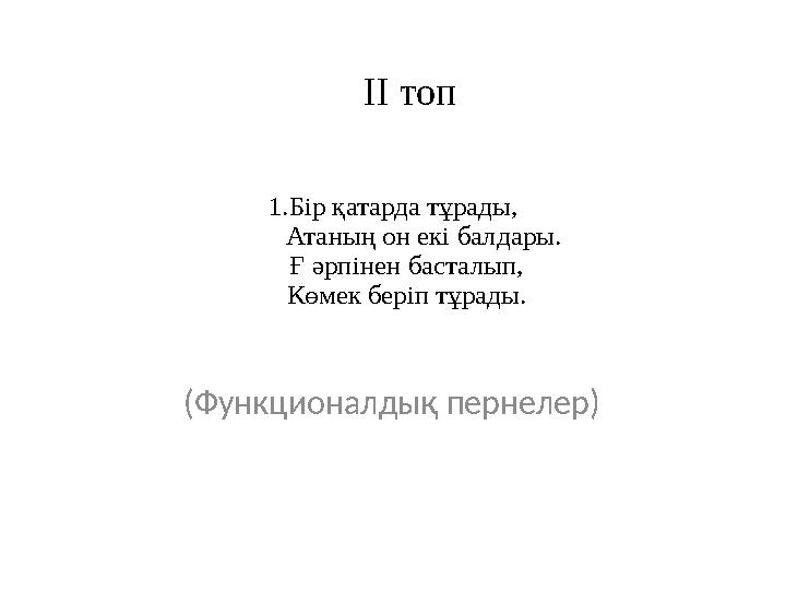 1.Бір қатарда тұрады, Атаның он екі балдары. Ғ әрпінен басталып, Көмек беріп тұрады. (Функционалдық пернелер) І