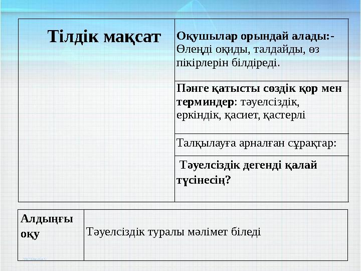 Тілдік мақсатОқушылар орындай алады:- Өлеңді оқиды, талдайды, өз пікірлерін білдіреді. Пәнге қатысты сөздік қор мен т