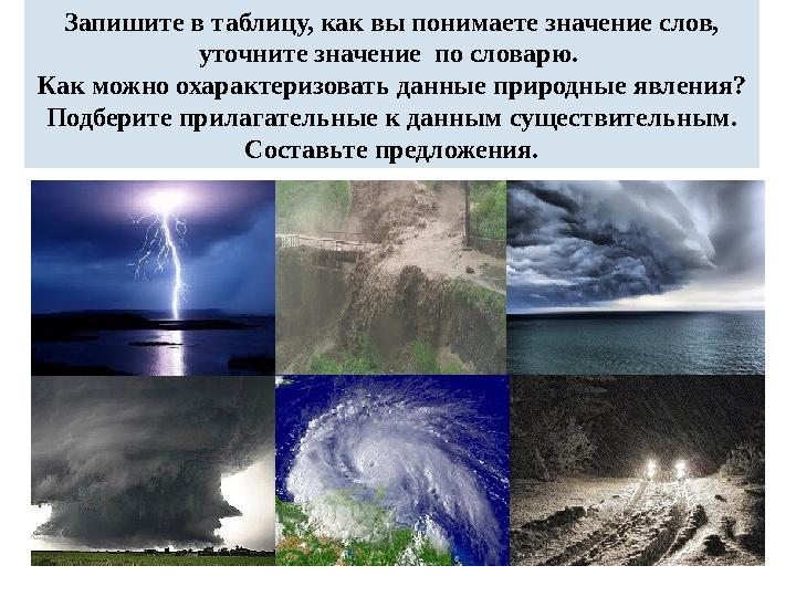 Запишите в таблицу, как вы понимаете значение слов, уточните значение по словарю. Как можно охарактеризовать данные природные