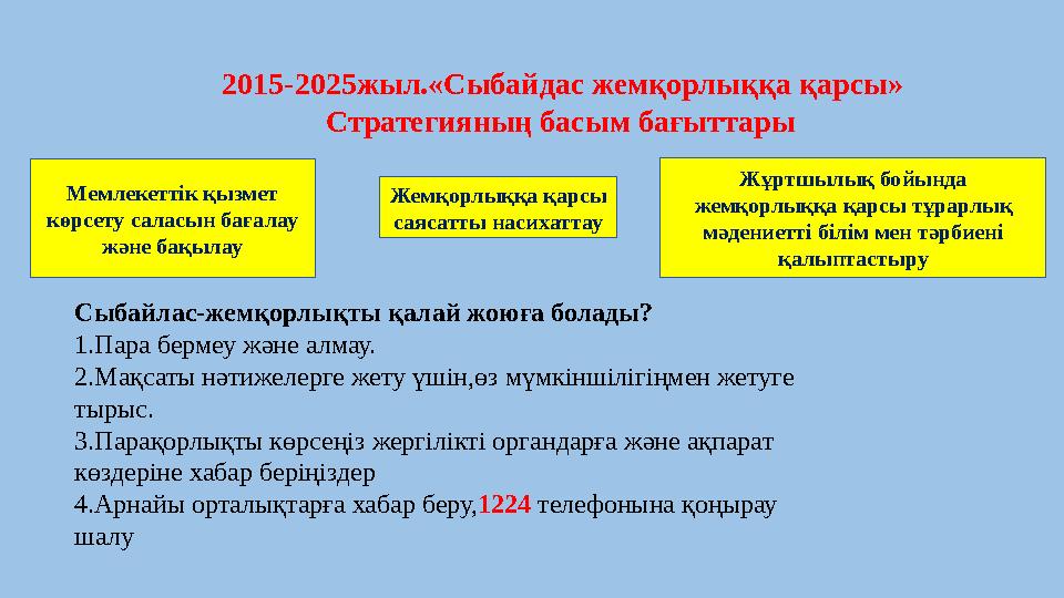 2015-2025жыл.«Сыбайдас жемқорлыққа қарсы» Стратегияның басым бағыттары Жемқорлыққа қарсы саясатты насихаттау Жұртшылық бойын