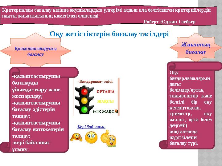 Критериалды бағалау кезінде оқушылардың үлгерімі алдын ала белгіленген критерийлердің нақты жиынтығының көмегімен өлшенеді.