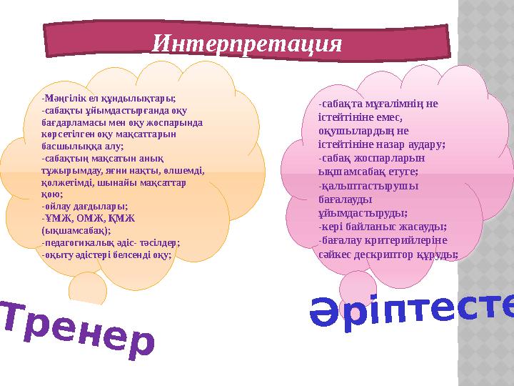 Интерпретация -Мәңгілік ел құндылықтары; -сабақты ұйымдастырғанда оқу бағдарламасы мен оқу жоспарында көрсетілген оқу мақсат
