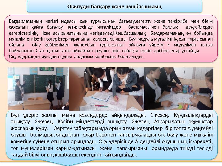 Оқытуды басқару және көшбасшылық Бағдарламаның негізгі идеясы сын тұрғысынан бағалау,өзгерту және тәжірибе мен білім саясаты