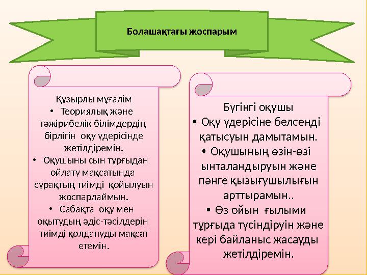 Болашақтағы жоспарым Құзырлы мұғалім • Теориялық және тәжірибелік білімдердің бірлігін оқу үдерісінде жетілдіремін. • Оқу