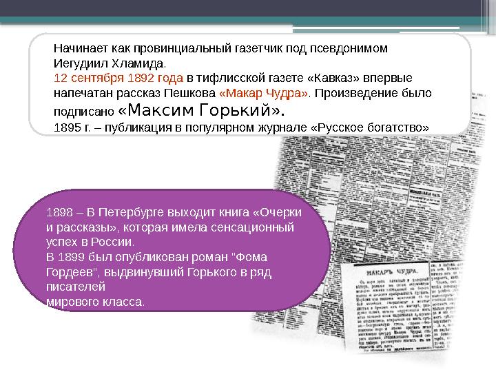 1898 – В Петербурге выходит книга «Очерки и рассказы», которая имела сенсационный успех в России. В 1899 б
