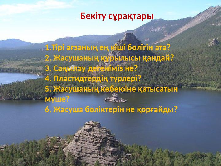 Бекіту сұрақтары 1.Тірі ағзаның ең кіші бөлігін ата? 2. Жасушаның құрылысы қандай? 3. Саңылау дегеніміз не? 4. Пл