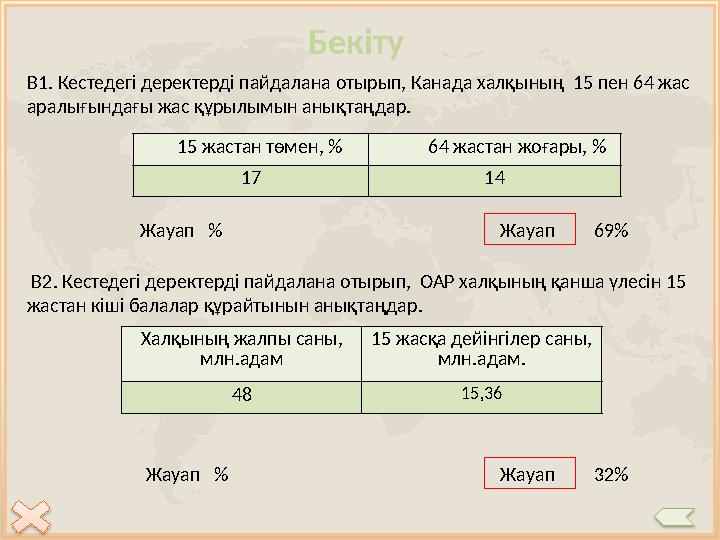 Бекіту В1. Кестедегі деректерді пайдалана отырып, Канада халқының 15 пен 64 жас аралығындағы жас құрылымын анықтаңдар. Жауап