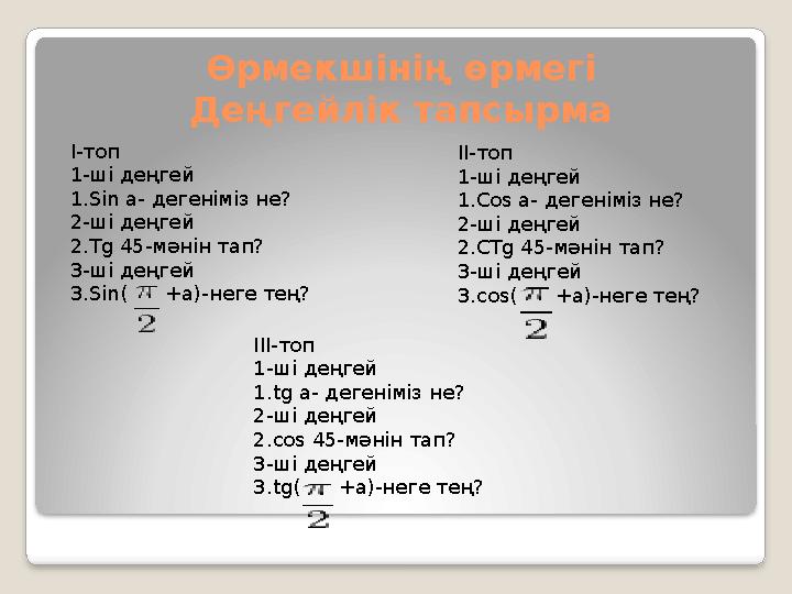Өрмекшінің өрмегі Деңгейлік тапсырма І-топ 1-ші деңгей 1.Sin a- дегеніміз не? 2-ші деңгей 2.Tg 45-мәнін тап? 3-ші деңгей 3.Sin