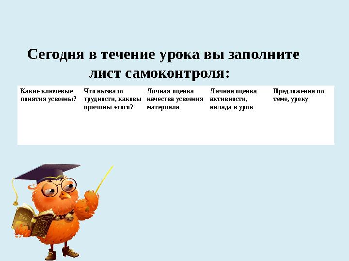 Какие ключевые понятия усвоены? Что вызвало трудности, каковы причины этого? Личная оценка качества усвоения материала Лич