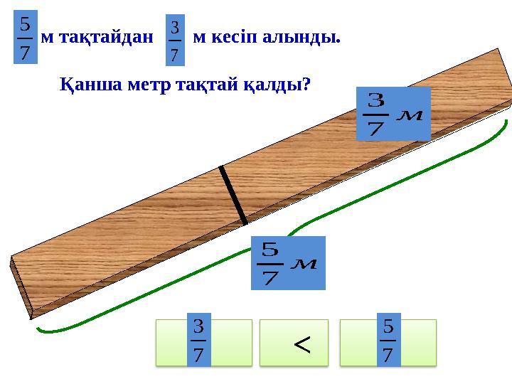 м тақтайдан м кесіп алынды. Қанша метр тақтай қалды? < 7 5 7 3 м 7 5 м 7 3 7 5 7 3