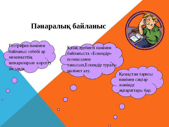 Пәнаралық байланыс География пәнімен байланыс себебі әр мемлекеттің шекараларын көрсету аясында. Қазақстан тарихы пәнімен