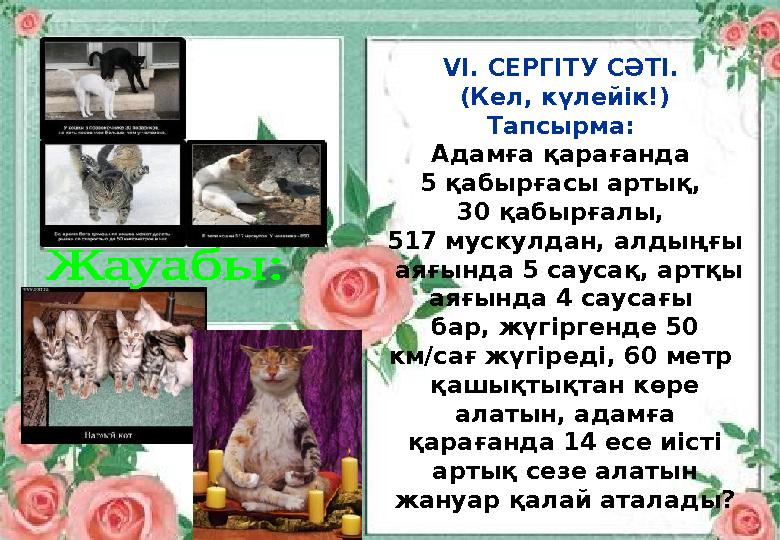 VI. СЕРГІТУ СӘТІ. (Кел, күлейік!) Тапсырма: Адамға қарағанда 5 қабырғасы артық, 30 қабырғалы, 517 мускулдан, алдыңғы аяғы