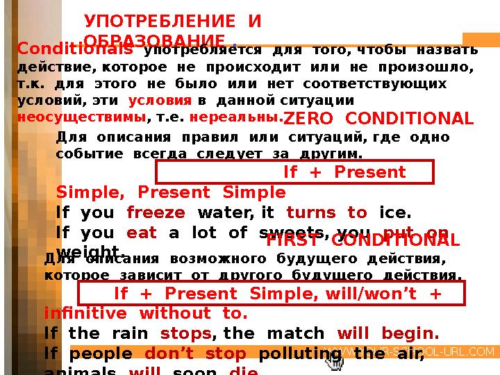 WWW.YOUR-SCHOOL-URL.COM УПОТРЕБЛЕНИЕ И ОБРАЗОВАНИЕ . Conditionals употребляется для того, чтобы назвать действие, которо