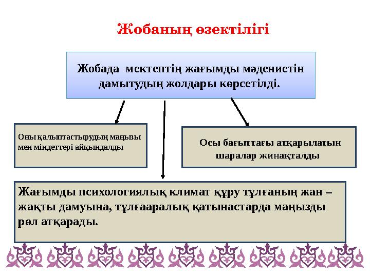 Жобада мектептің жағымды мәдениетін дамытудың жолдары көрсетілді. Жобада мектептің жағымды мәдениетін дамытудың жолдары көр