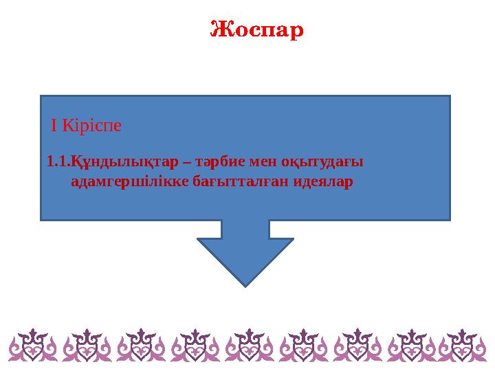 Жоспар І Кіріспе 1.1.Құндылықтар – тәрбие мен оқытудағы адамгершілікке бағытталған идеялар