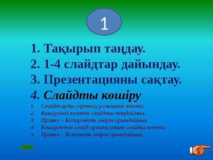 1. Тақырып таңдау. 2. 1-4 слайдтар дайындау. 3. Презентацияны сақтау. 4. Слайдты көшіру 1.Слайдтарды сорттау режиміне өтеміз. 2