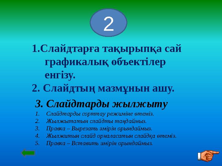 1.Слайдтарға тақырыпқа сай графикалық объектілер енгізу. 2. Слайдтың мазмұнын ашу. 2 3. Слайдтарды жылжыту 1.Слайдтарды сортта